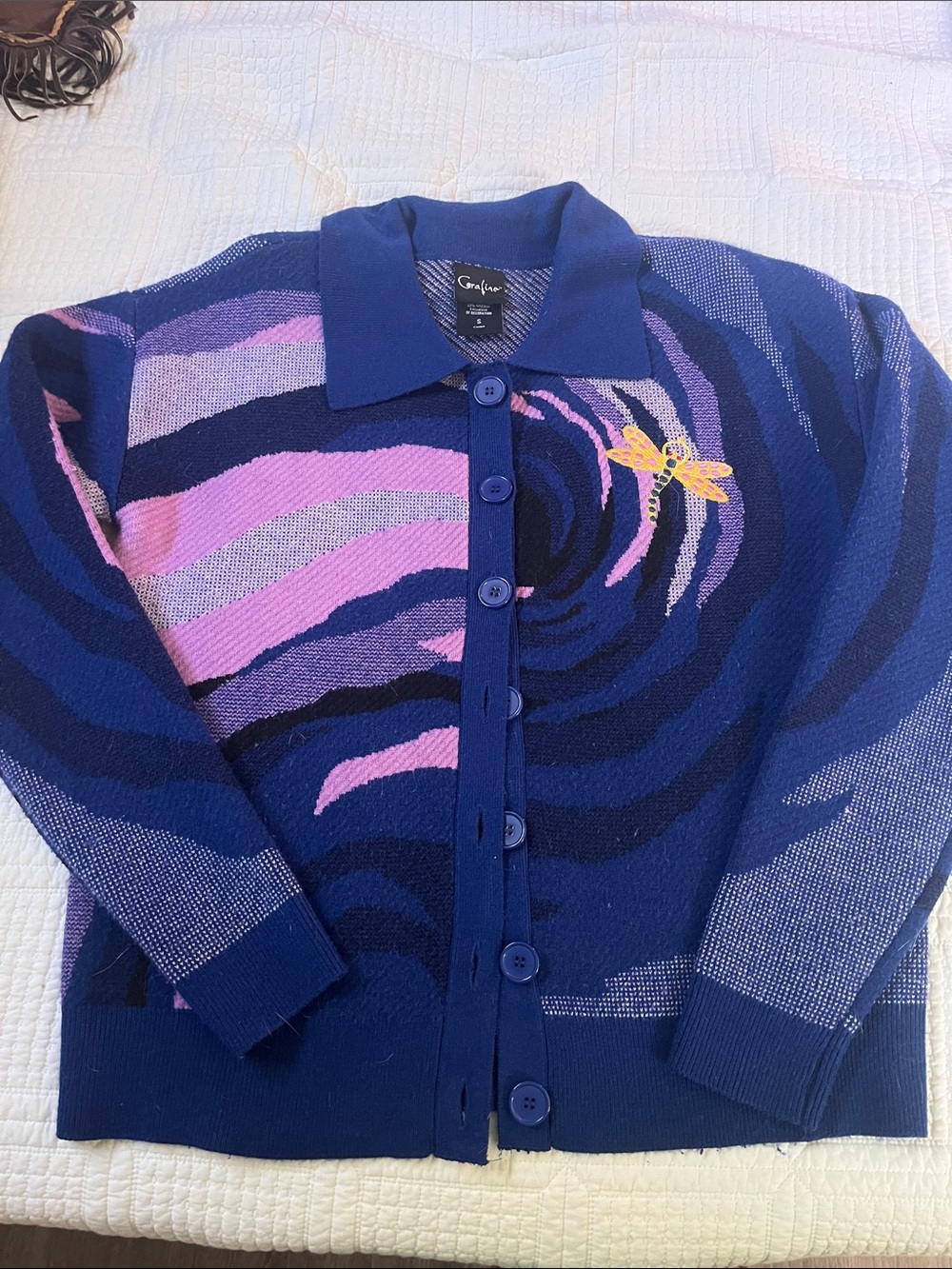 Women’s Blue & Purple Button-Up Sweater with Dragonfly Detail